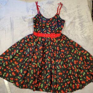 Black with Red Cherries 50's Rockabilly Swing Dress by Hell Bunny, size M